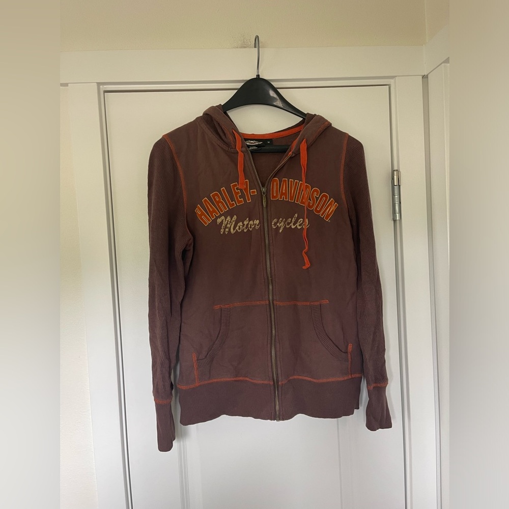 Brown and orange zip up biker layering jacket